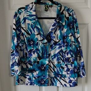 Sportelle Blue Turquoise & Lime Floral Jacket Womens size Large Lightweight EUC